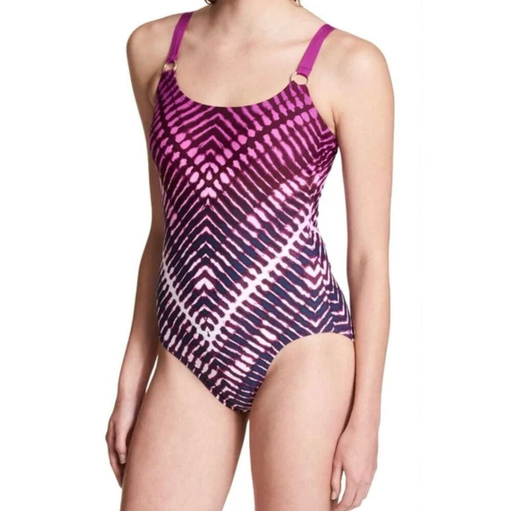 CALVIN KLEIN Dragon Fruit Violet White High Neck One Piece Swim Suit Womens 14